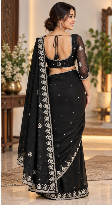 Hand Work Boutique Saree Blouse Set, Ready to Wear 1 Min Saree for Party Function,Festival