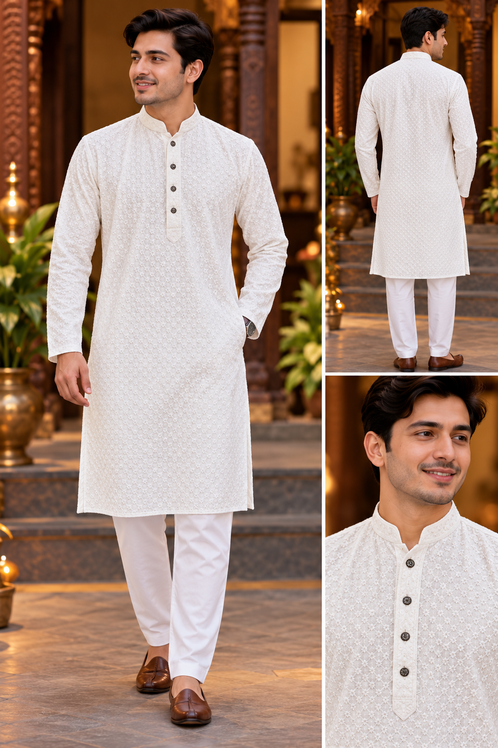Premium White Chikan Kari Kurta Black Button | Kurta Only