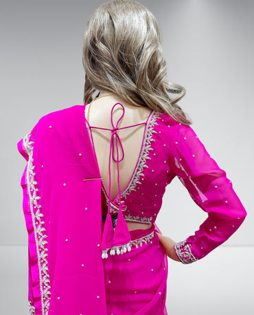 Hand Work Saree Set-Hot Pink
