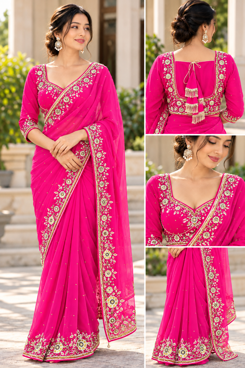 Heavy Hand Work Boutique Saree Hot Pink
