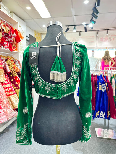 Velvet Full Handwork Blouse-Green 40-42