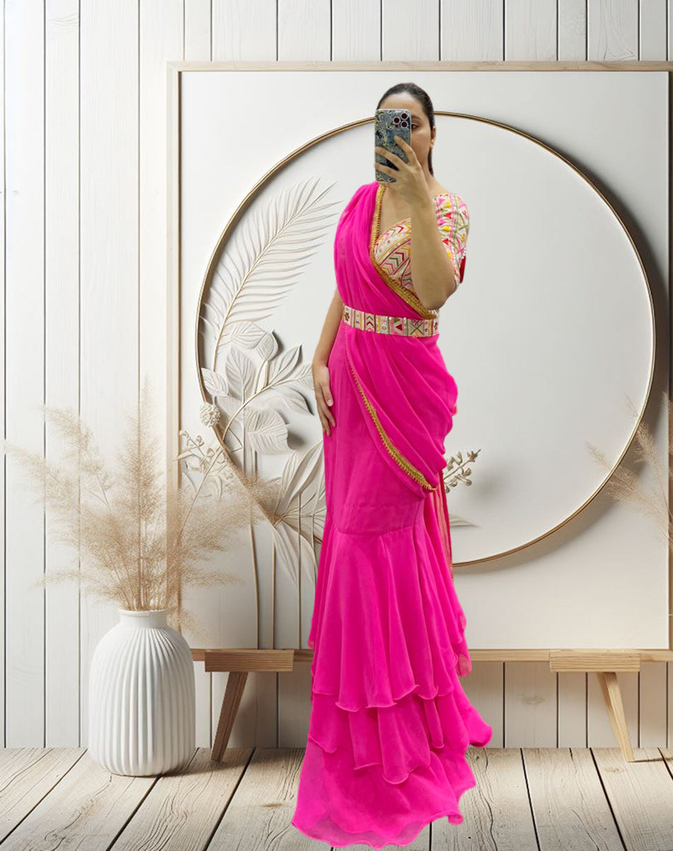 Lehenga Style Saree White Pink