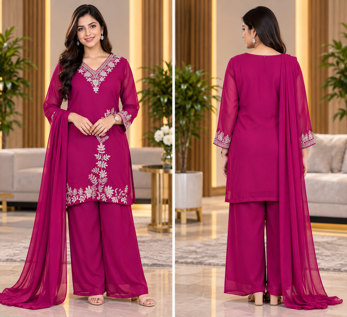 Boutique Embroidery 90s Plazzo Kurthi Set Dark Magenta 38-42