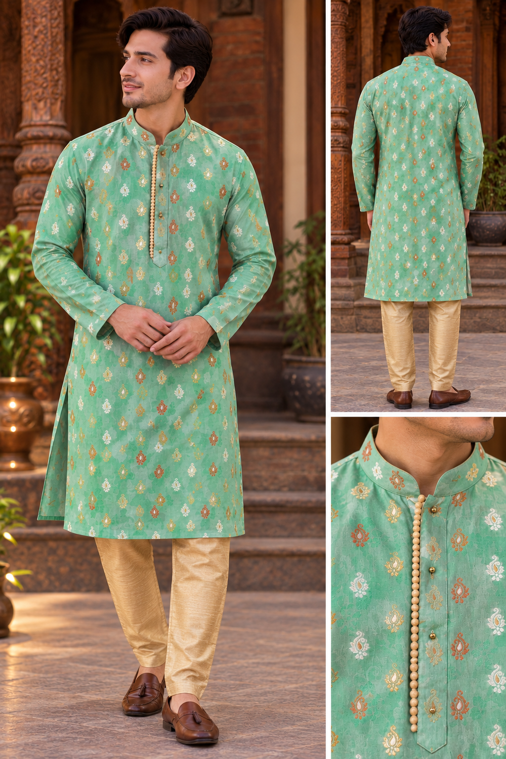 Light Green Cotton Kurta & Golden Pyjama Set 36-38