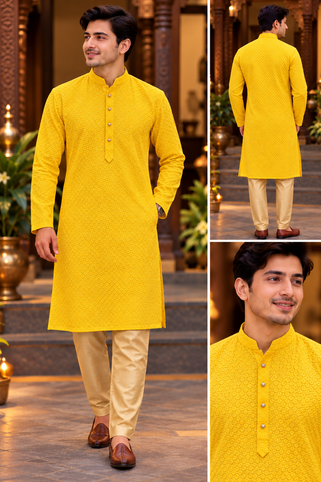 Premium Chikan Kari Kurta with Golden Pyjama Set size Medium (38)
