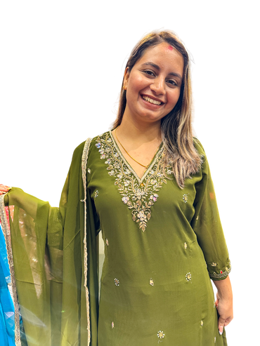 Party Wear Hand Work Kurta Suit Green