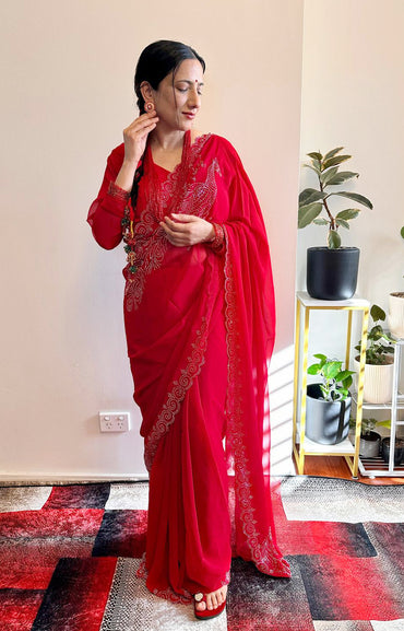 Peacock Siroski Saree Red
