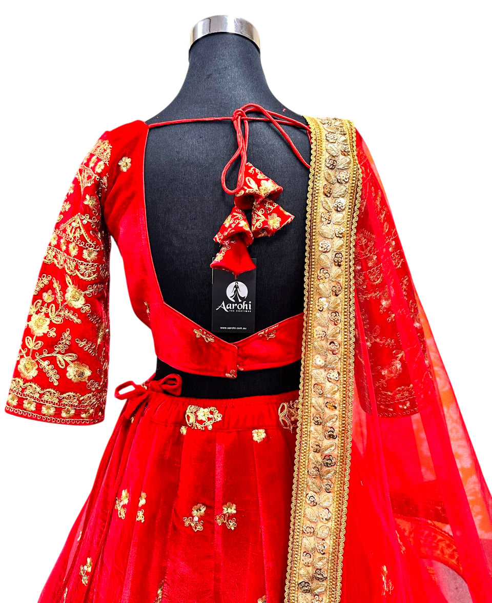 Velvet Lehenga Choli Golden-Red