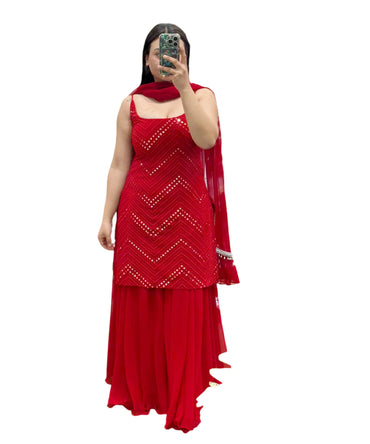 3Pc Designer Sharara Set (Red)