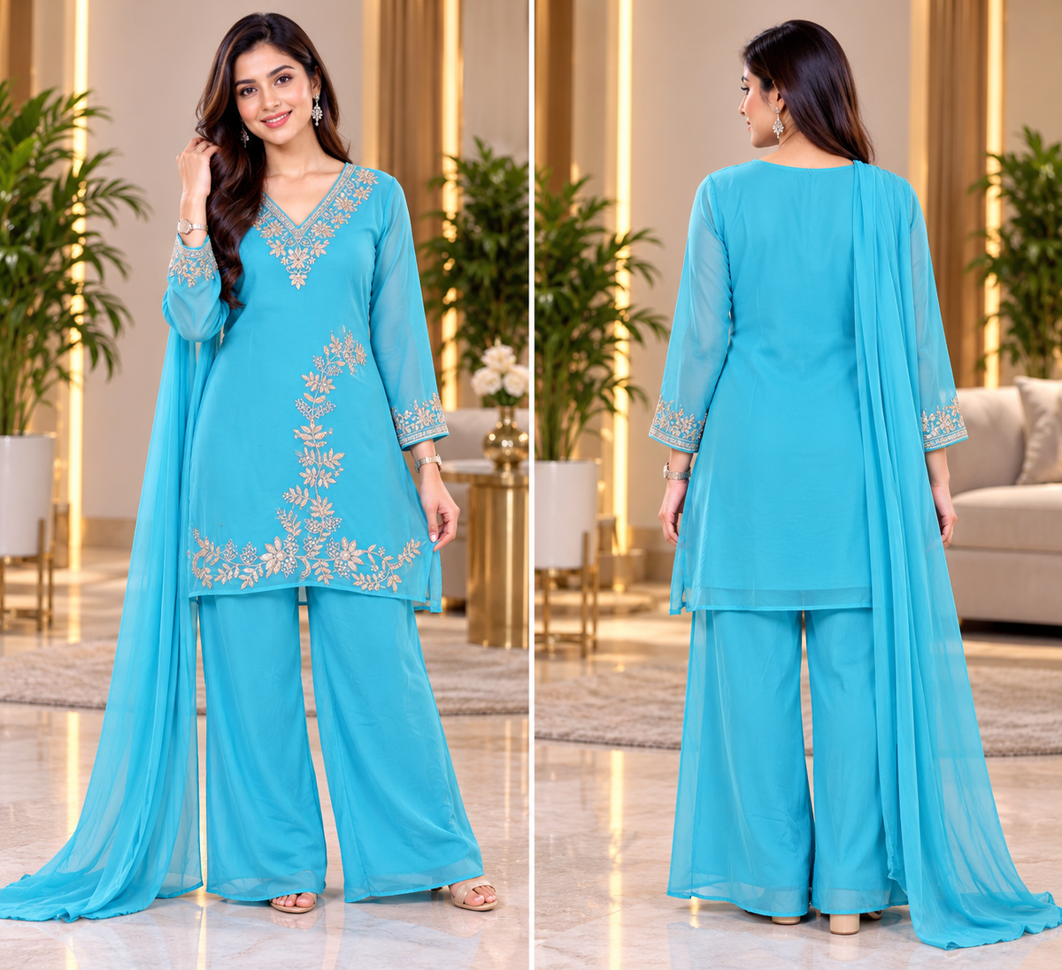 Embroidery 90s Plazzo Kurthi Set 32-36 Turquoise Blue