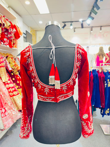 Velvet Full Handwork Blouse-Red