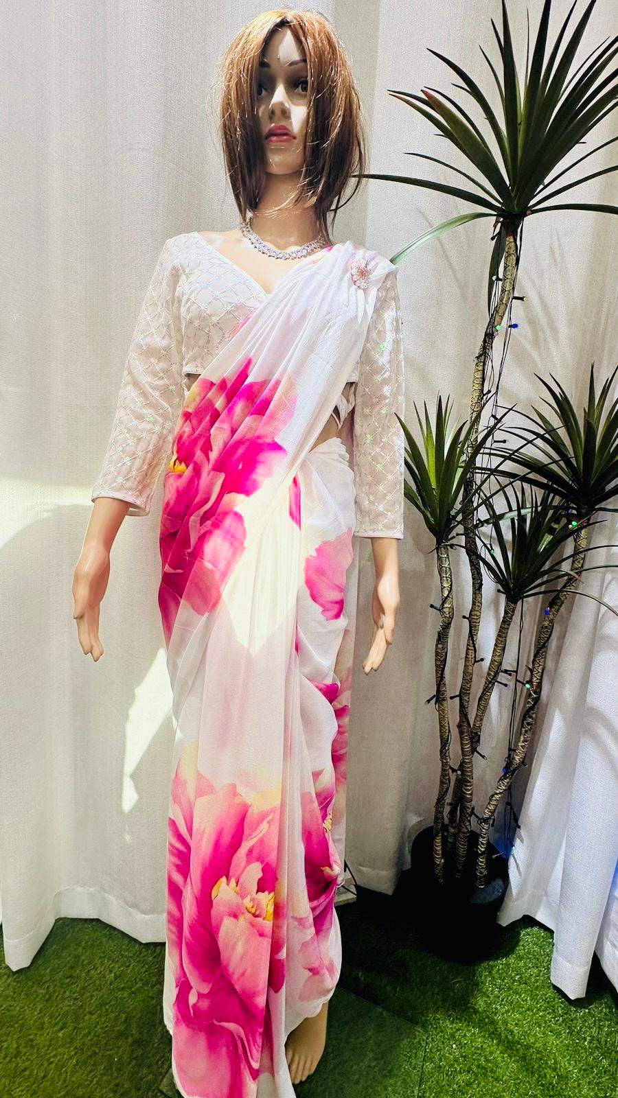 Silk Saree-Pink White