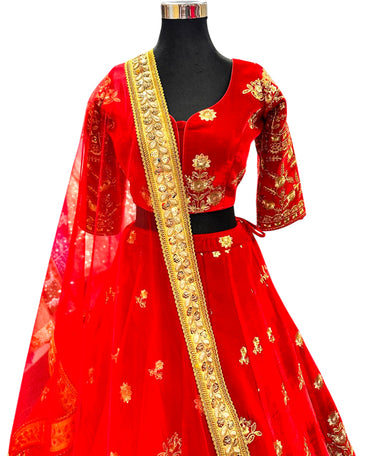 Velvet Lehenga Choli Golden-Red