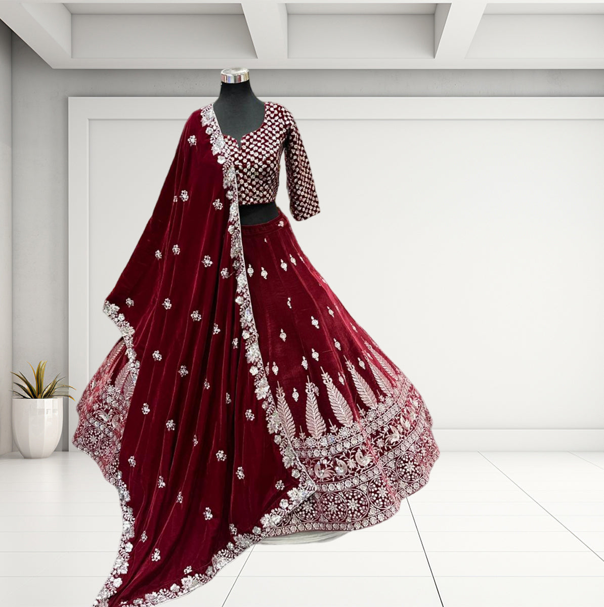 Bridal Lehenga Choli Silver-Maroon