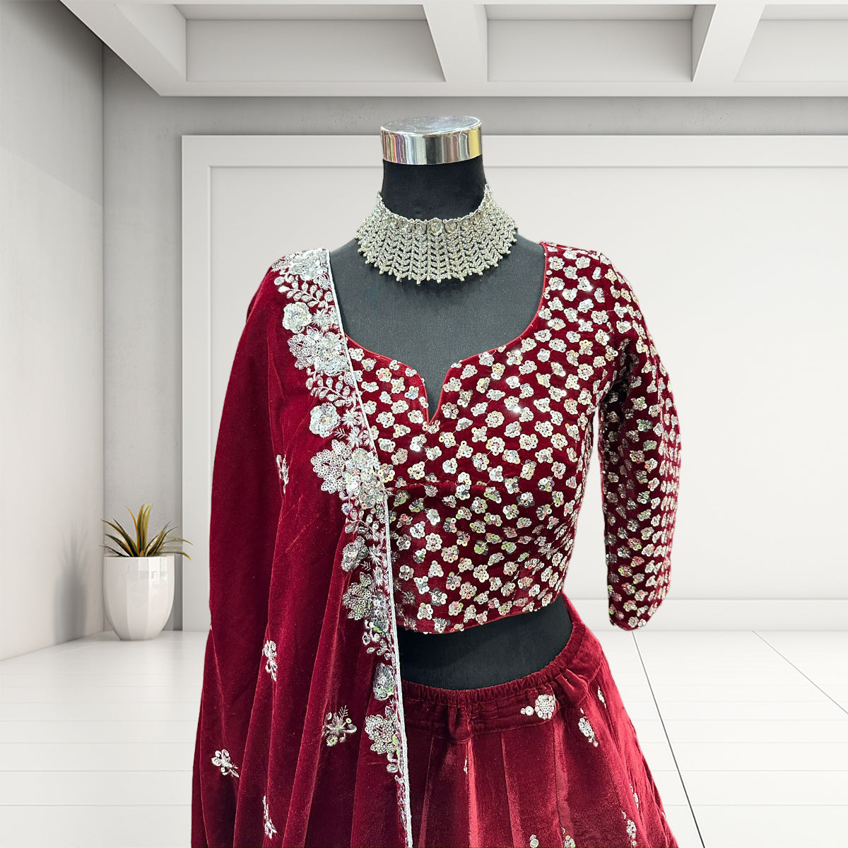 Bridal Lehenga Choli Silver-Maroon