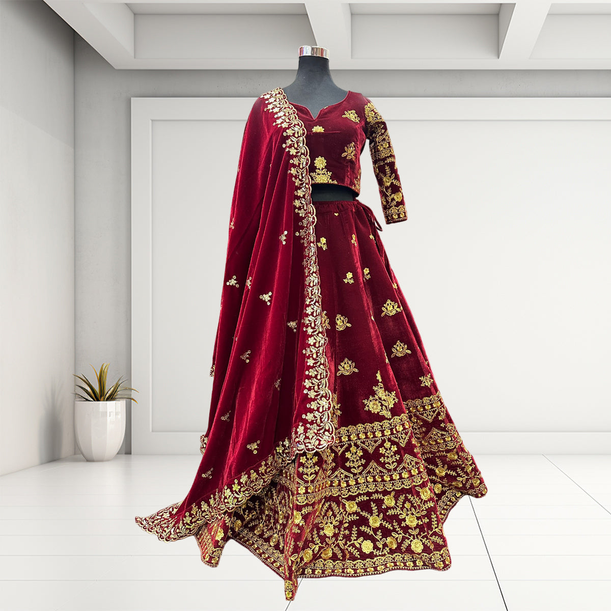 Bridal Lehenga Choli Set Golden-Maroon