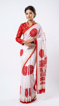 Premium Light Weight White Red Saree