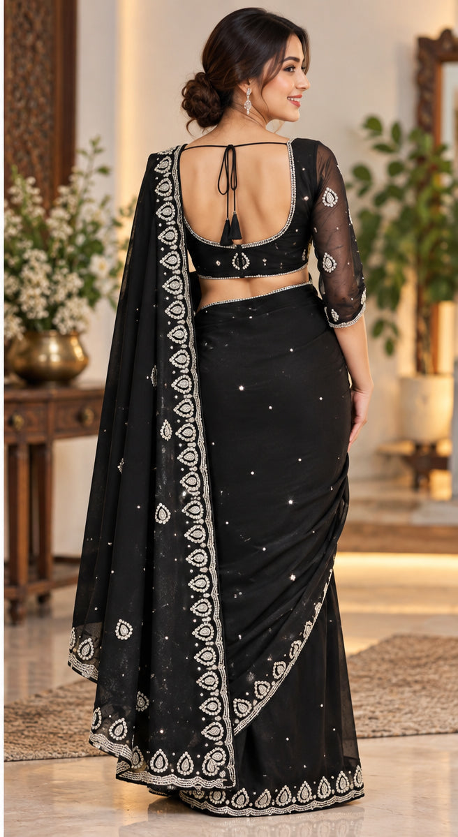 Hand Work Boutique Saree Blouse Set, Ready to Wear 1 Min Saree for Party Function,Festival