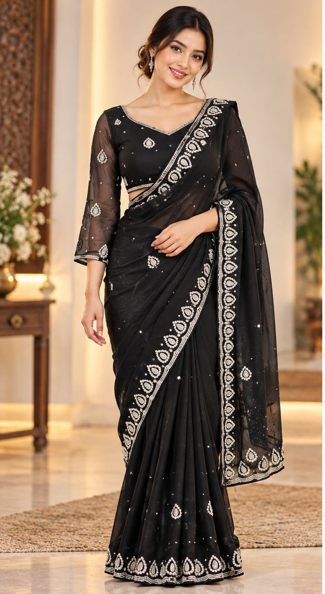 Hand Work Boutique Saree Blouse Set, Ready to Wear 1 Min Saree for Party Function,Festival