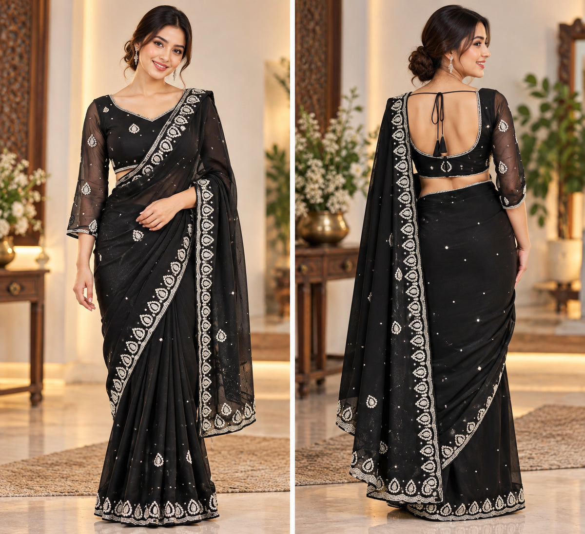 Hand Work Boutique Saree Blouse Set, Ready to Wear 1 Min Saree for Party Function,Festival