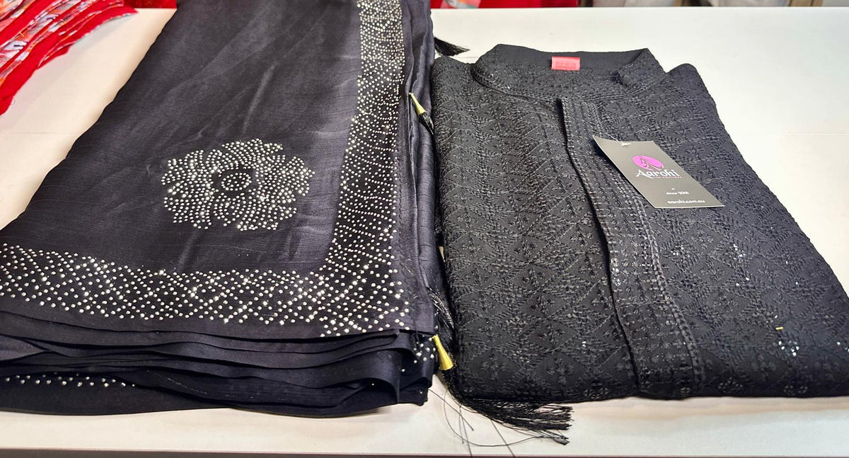 Couple Matching Set Black Saree & Chikan Kari Kurta