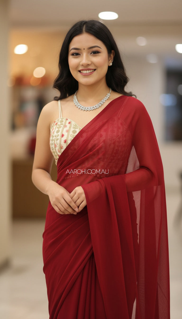 Plain Red Saree Chiffon | Light Weight,Easy to Wear