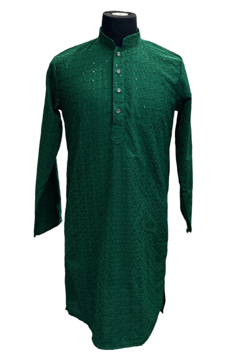 Chikan Work Kurta Dark Green