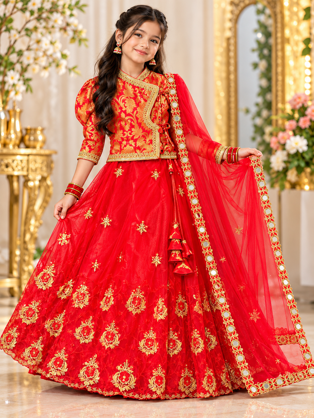 Beautiful Embroidery Lehenga Choli with Mirror work Dupatta Red Size 26 (8-10 Yr)