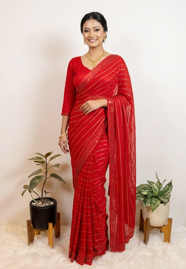 Premium French Silk Saree Red 0826