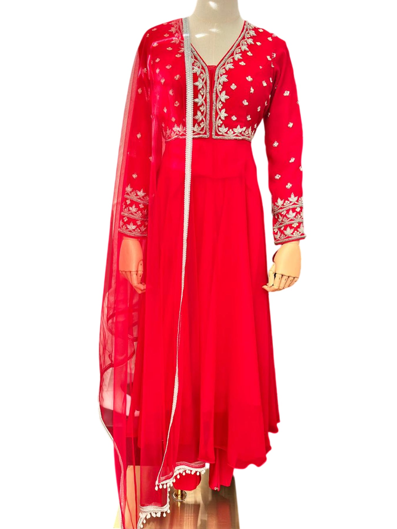 HandWork 3 Pc Designer Anarkali Set-Red 34&40