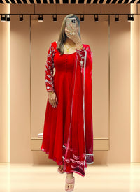 HandWork 3 Pc Designer Anarkali Set-Red 34&40