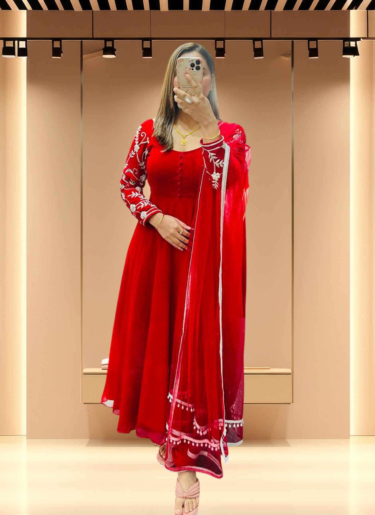 HandWork 3 Pc Designer Anarkali Set-Red 34&40