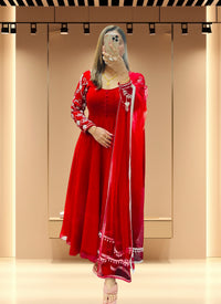 HandWork 3 Pc Designer Anarkali Set-Red 34&40