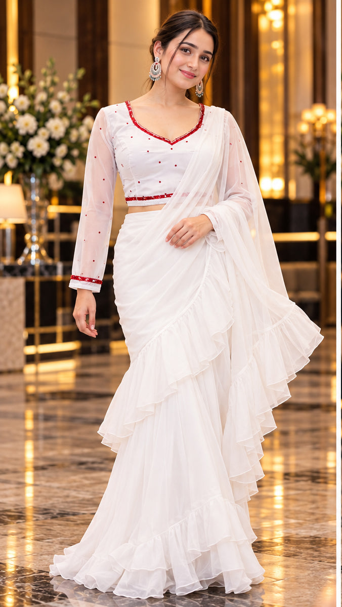 Lehenga Style Saree Set White 36-38