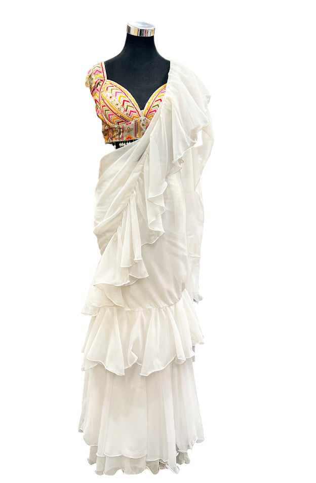 Lehenga Style Saree Set White