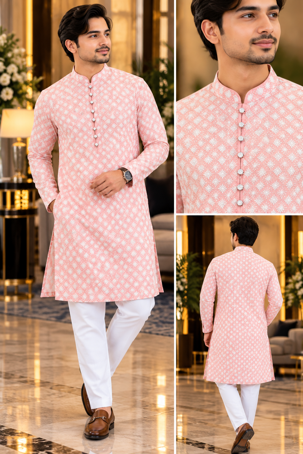 Heavy thread work Kurta Pyjama Set Small (36) Baby Pink
