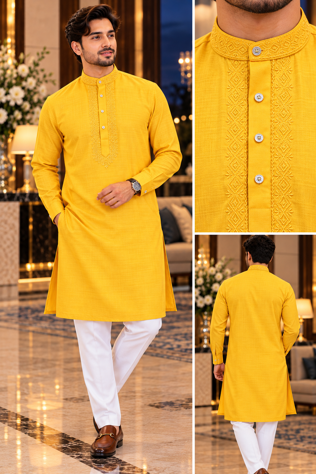 100% Cotton Kurta Pyjama Set 2XL (44) Mustard Yellow