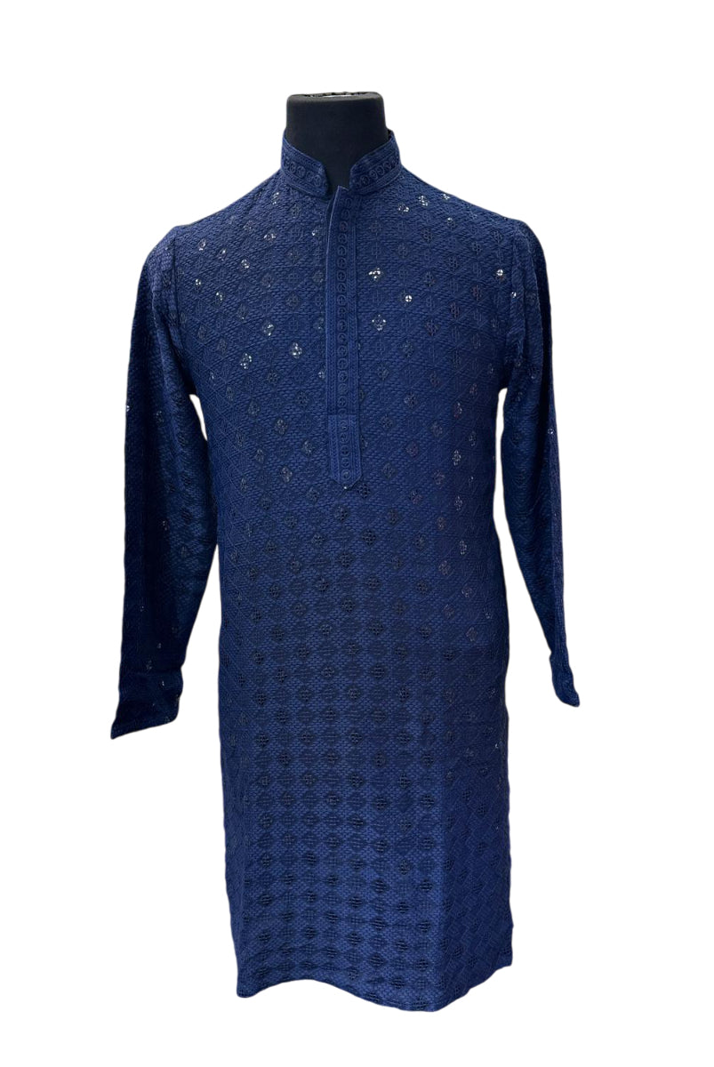 Chikan Work Kurta Navy Blue