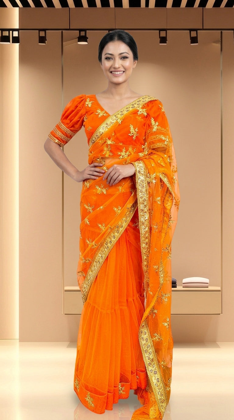 Party Wear Designer Boutique Saree Blouse Set-Orange
