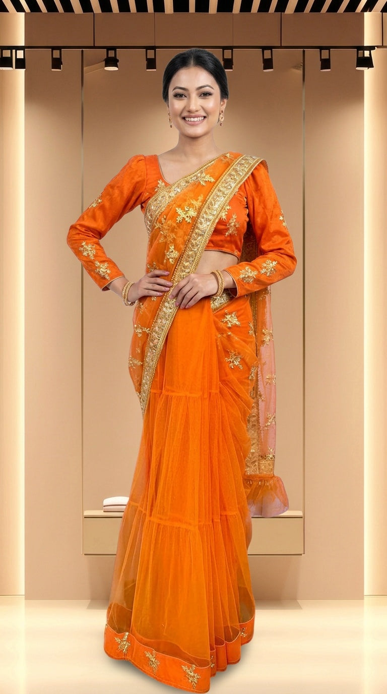 Party Wear Designer Saree Set Orange Long Sleeve