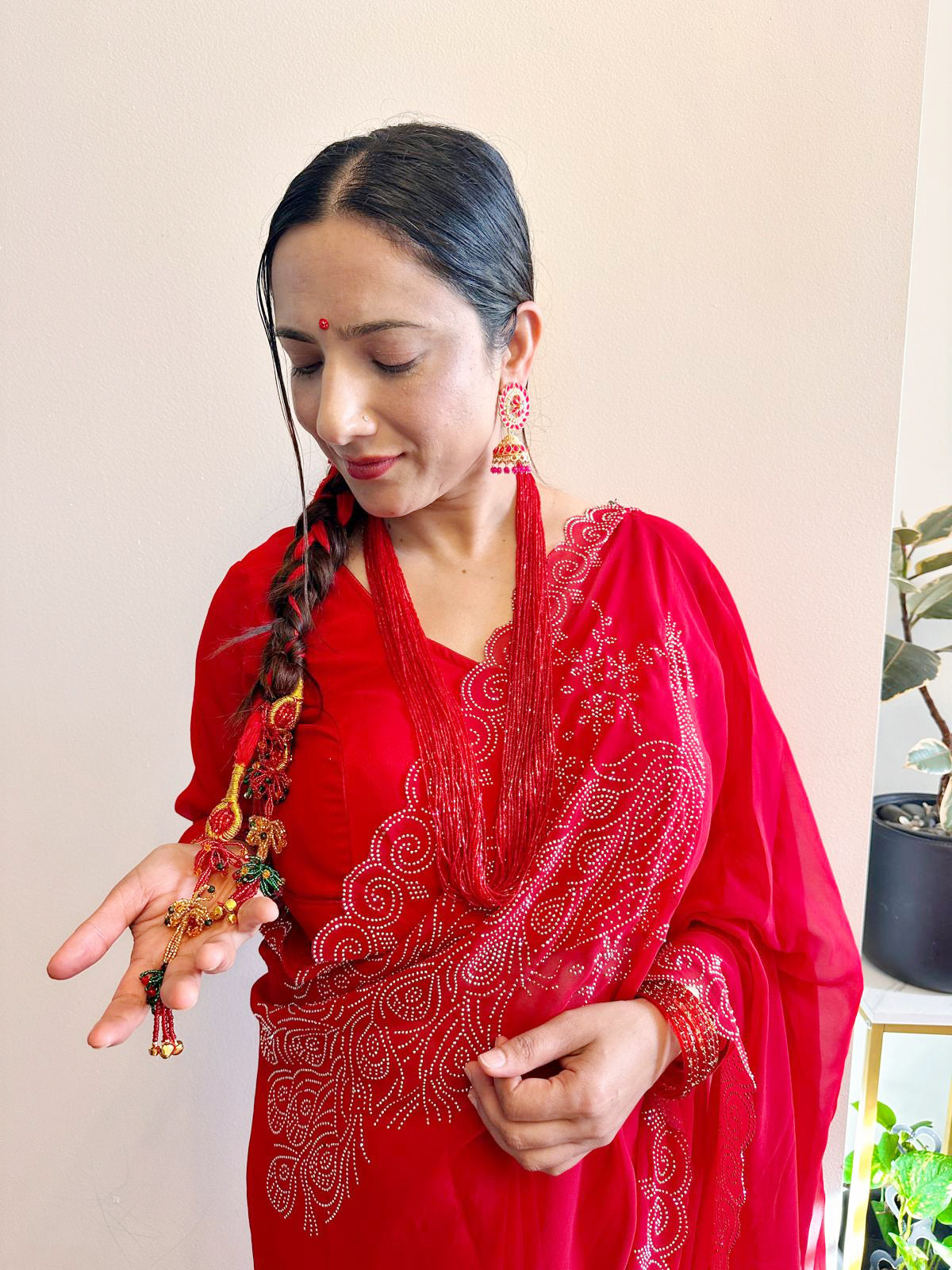 Peacock Siroski Saree Red