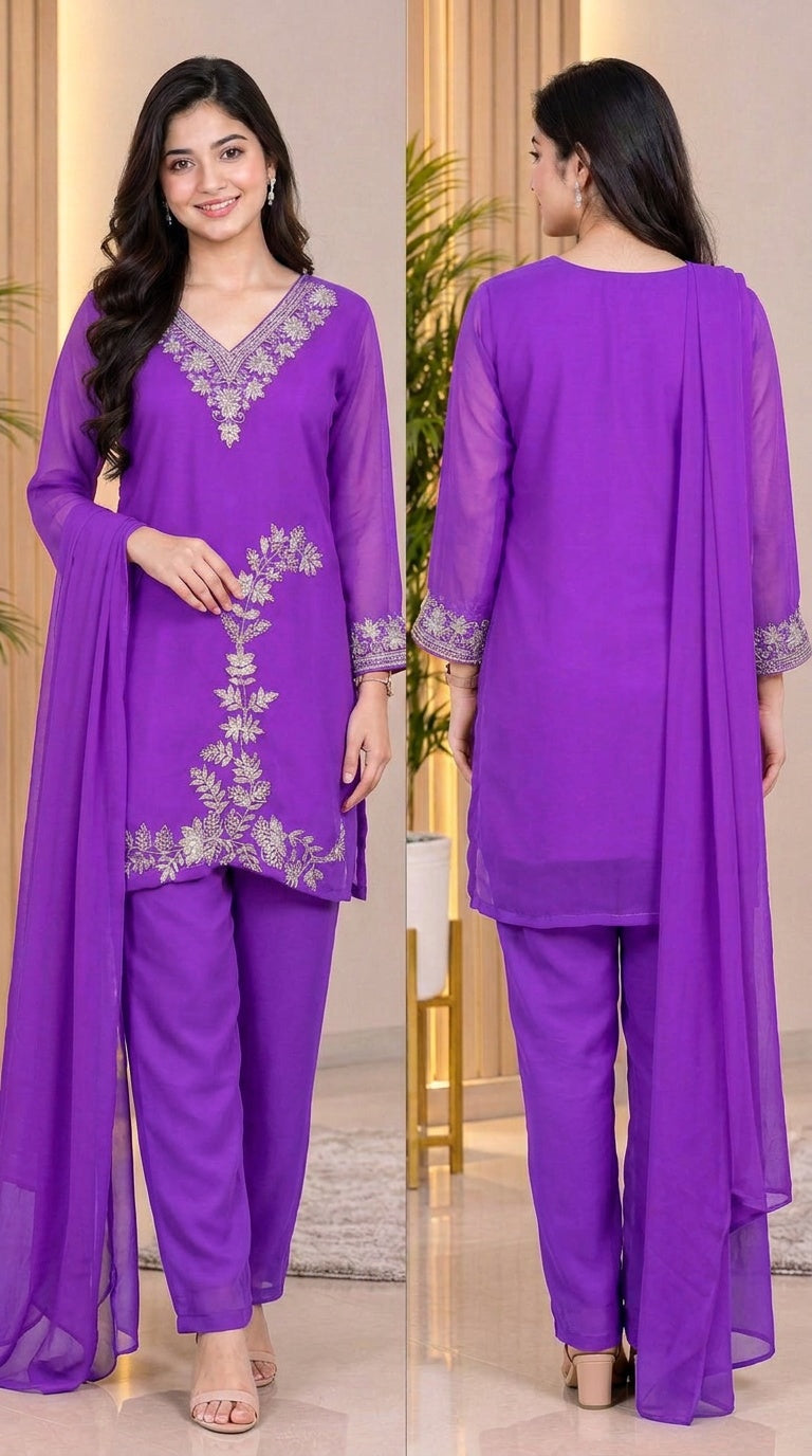 Embroidery Kurthi set 34-38 Purple