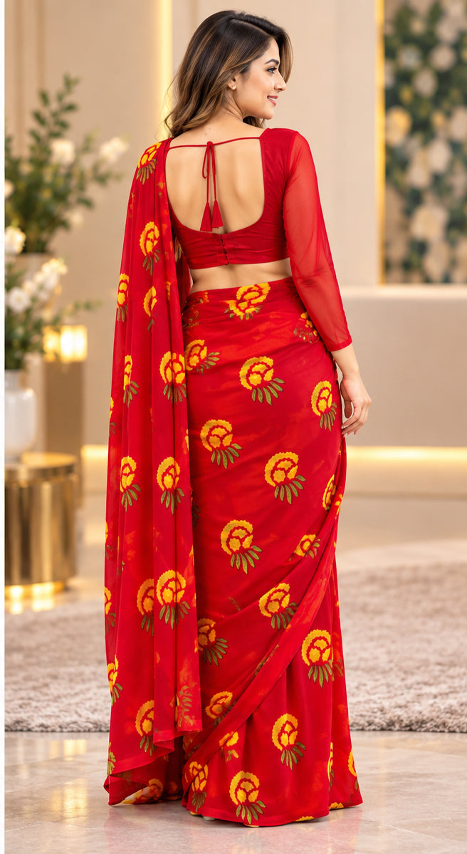 Dashain Special Red Print saree & Red Plain Blouse 34-42