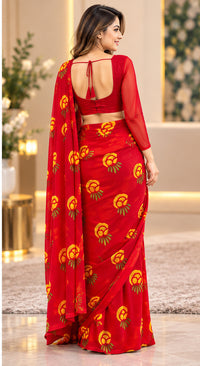 Dashain Special Red Print saree & Red Plain Blouse 34-42