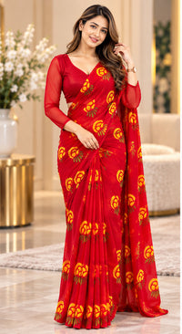 Dashain Special Red Print saree & Red Plain Blouse 34-42