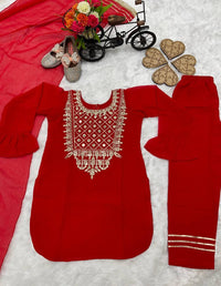 Designer Embroidery Kurtha Set-Red