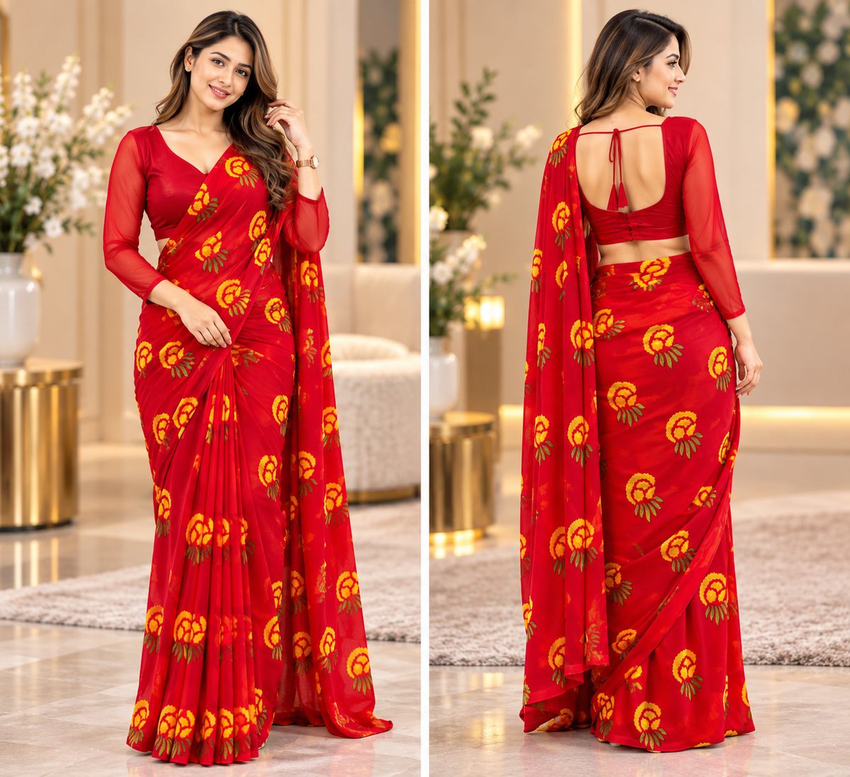 Dashain Special Red Print saree & Red Plain Blouse 34-42