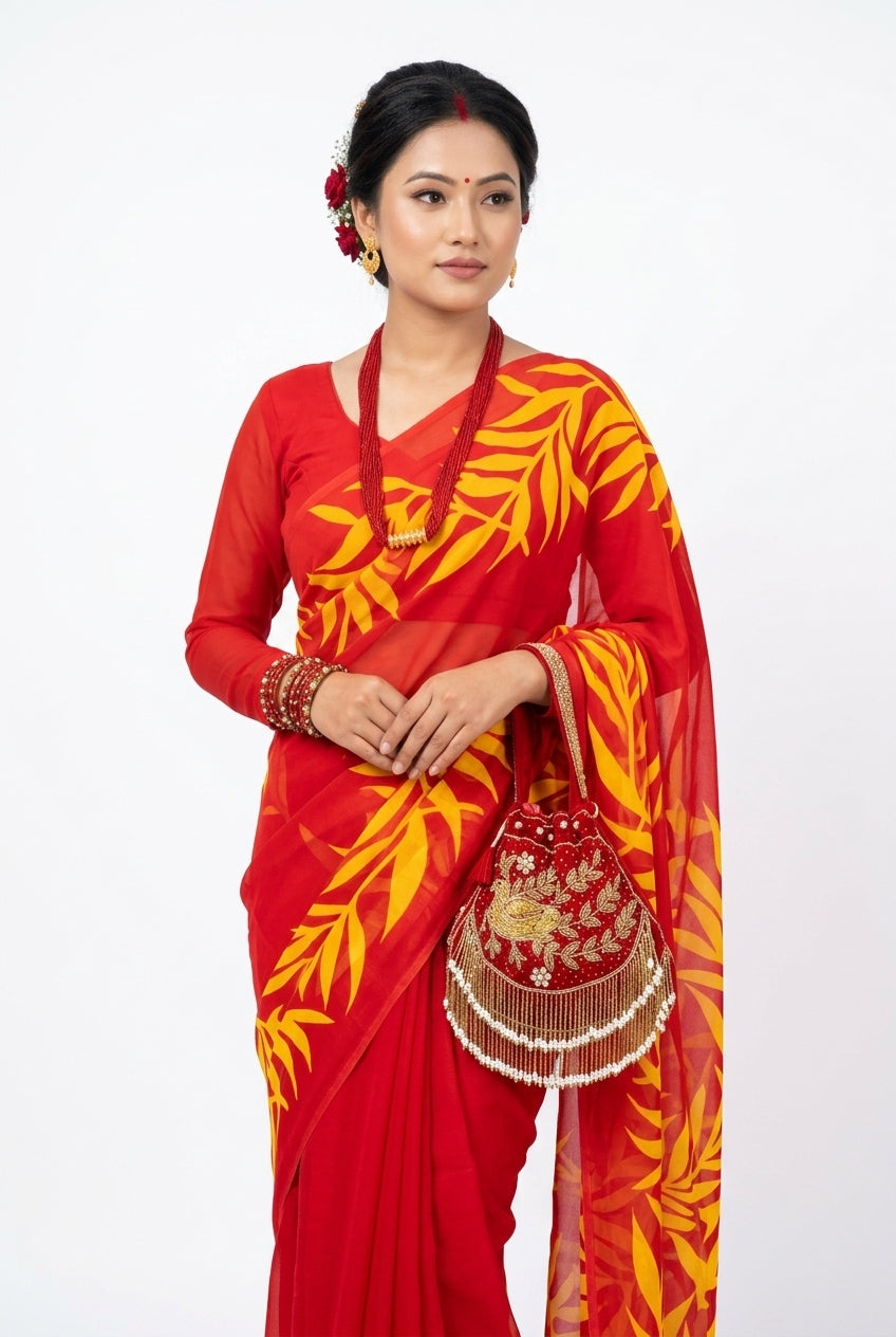 Festival Special Light Weight Saree-Yellow Red