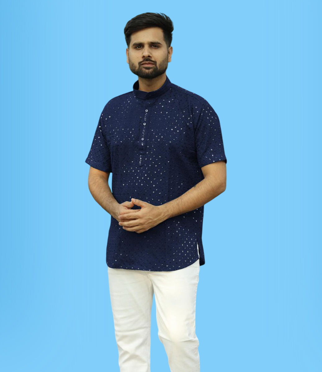 Chikan Kari Stylish Short Kurta NBlue