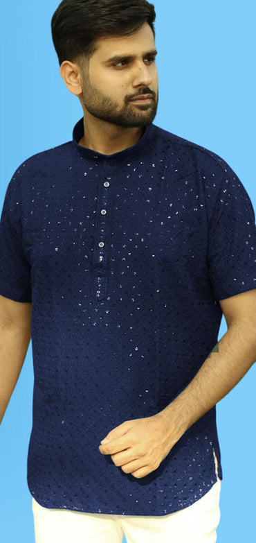 Chikan Kari Stylish Short Kurta NBlue